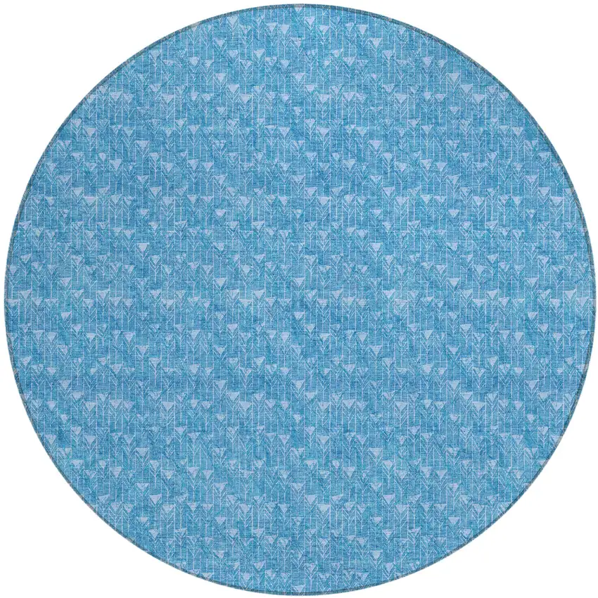 Blue Round Geometric Washable Non Skid Indoor Outdoor Area Rug Photo 2