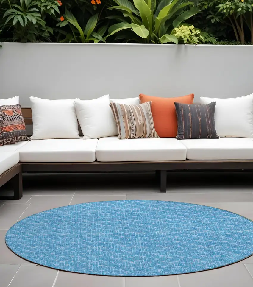 8' Round Blue Round Geometric Washable Non Skid Indoor Outdoor Area Rug Photo 1