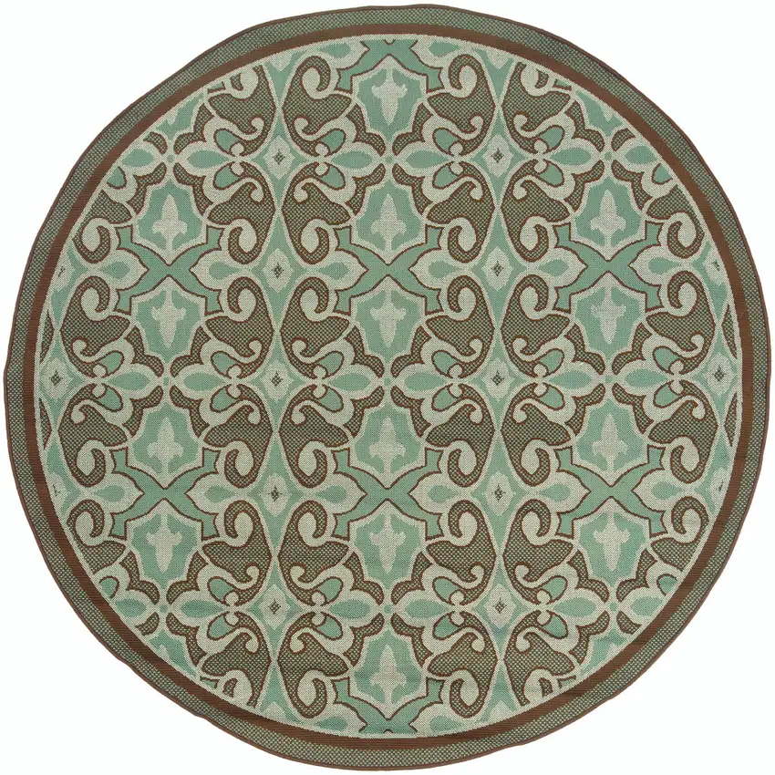 8' Round Blue Round Oriental Stain Resistant Indoor Outdoor Area Rug Photo 1
