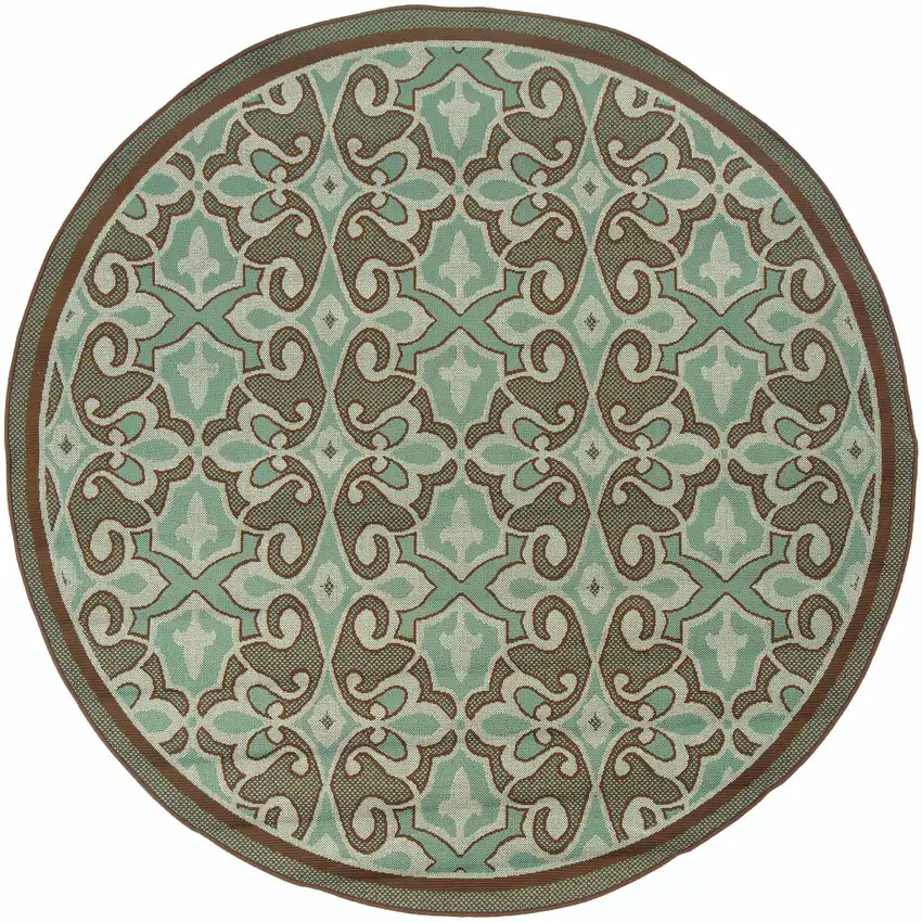 8' Round Blue Round Oriental Stain Resistant Indoor Outdoor Area Rug Photo 2