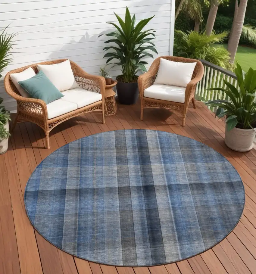 8' Round Blue Round Plaid Washable Non Skid Indoor Outdoor Area Rug Photo 1