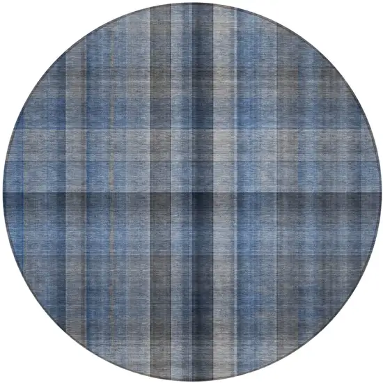 8' Round Blue Round Plaid Washable Non Skid Indoor Outdoor Area Rug Photo 2