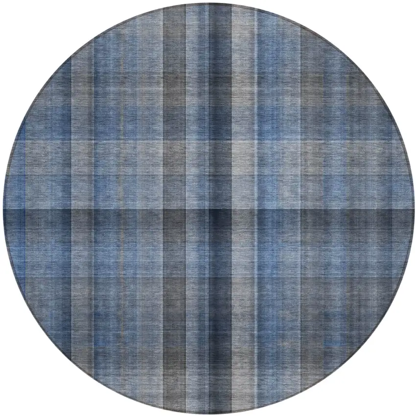 8' Round Blue Round Plaid Washable Non Skid Indoor Outdoor Area Rug Photo 2