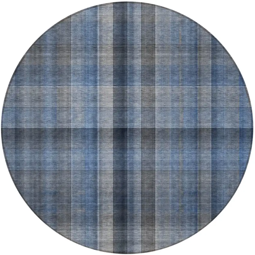 Blue Round Plaid Washable Non Skid Indoor Outdoor Area Rug Photo 3