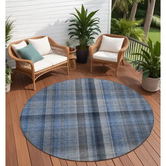 Blue Round Plaid Washable Non Skid Indoor Outdoor Area Rug Photo 1