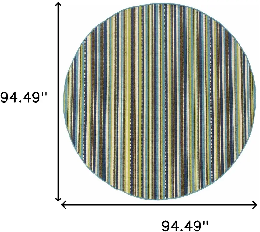8' Round Blue Round Striped Stain Resistant Indoor Outdoor Area Rug Photo 5