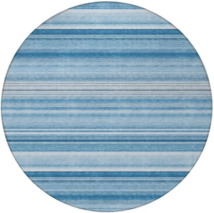 Blue Round Striped Washable Non Skid Indoor Outdoor Area Rug Photo 5