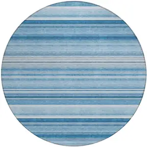 Photo of 8' Round Blue Round Striped Washable Non Skid Indoor Outdoor Area Rug