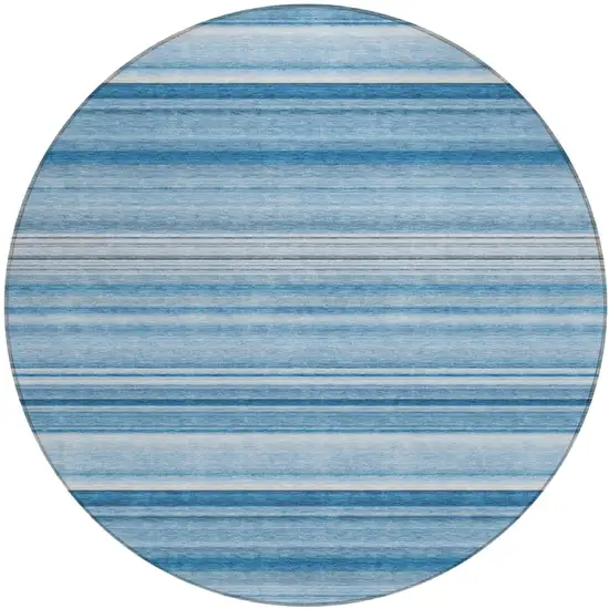 8' Round Blue Round Striped Washable Non Skid Indoor Outdoor Area Rug Photo 2