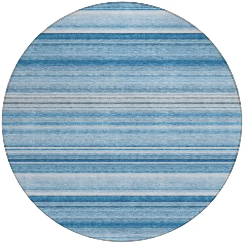 8' Round Blue Round Striped Washable Non Skid Indoor Outdoor Area Rug Photo 2