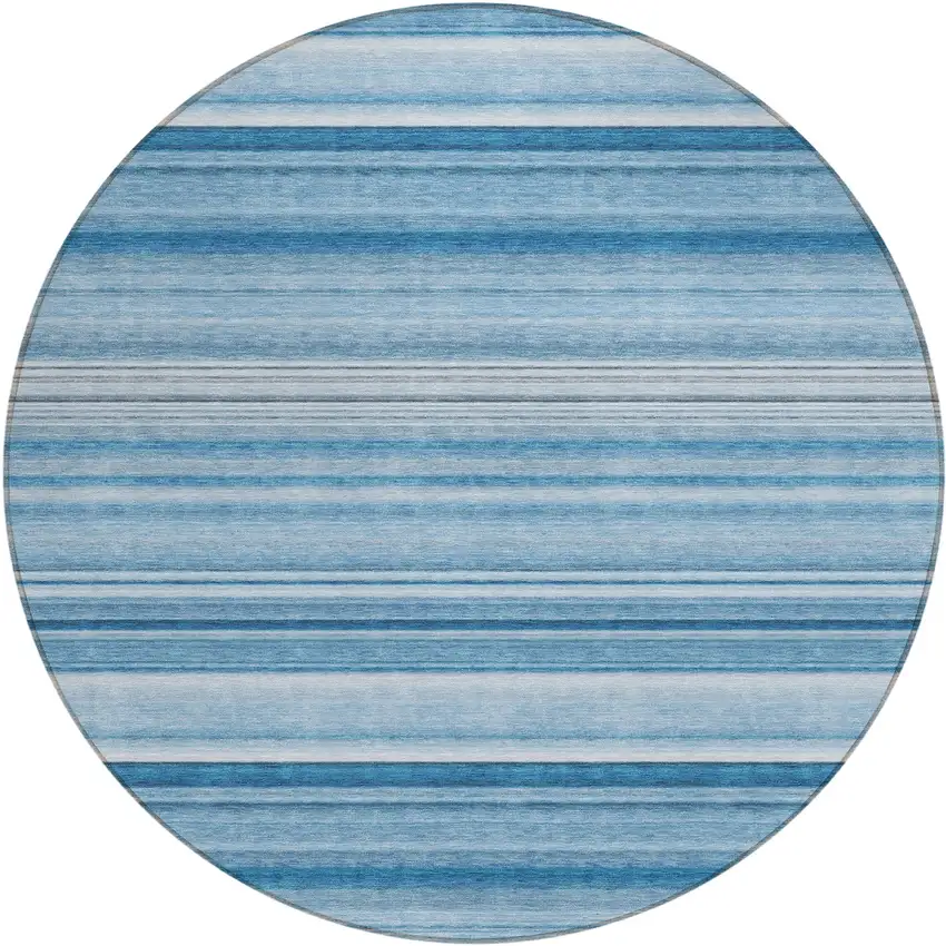 8' Round Blue Round Striped Washable Non Skid Indoor Outdoor Area Rug Photo 2