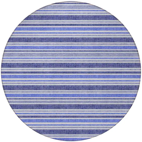 8' Round Blue Round Striped Washable Non Skid Indoor Outdoor Area Rug Photo 4