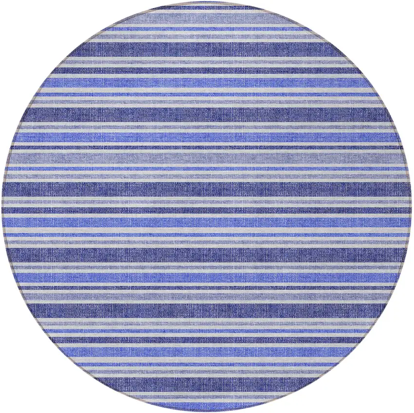 8' Round Blue Round Striped Washable Non Skid Indoor Outdoor Area Rug Photo 4
