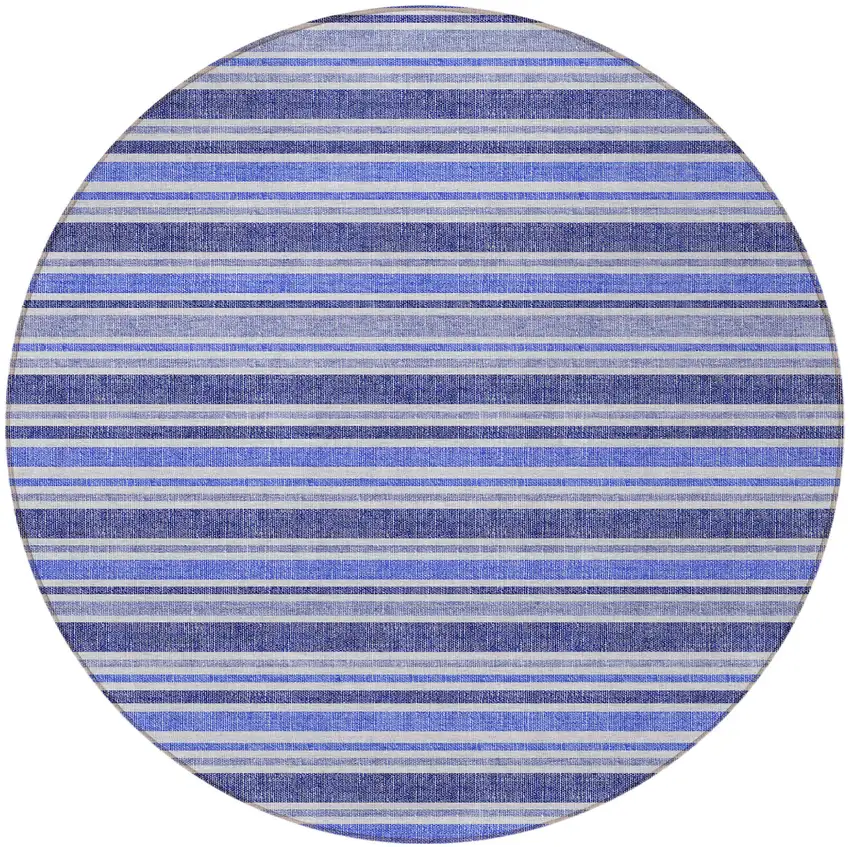 8' Round Blue Round Striped Washable Non Skid Indoor Outdoor Area Rug Photo 5