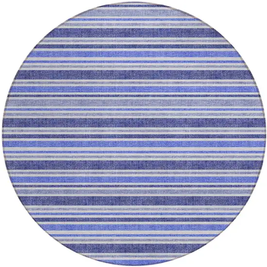 8' Round Blue Round Striped Washable Non Skid Indoor Outdoor Area Rug Photo 2