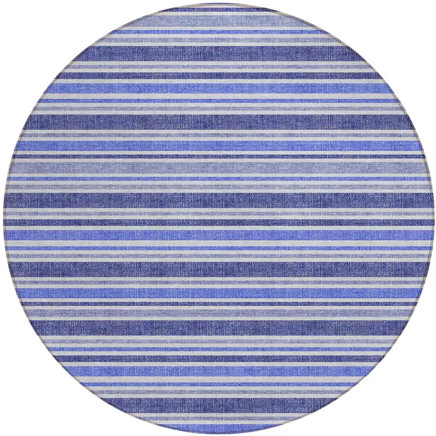 8' Round Blue Round Striped Washable Non Skid Indoor Outdoor Area Rug Photo 2