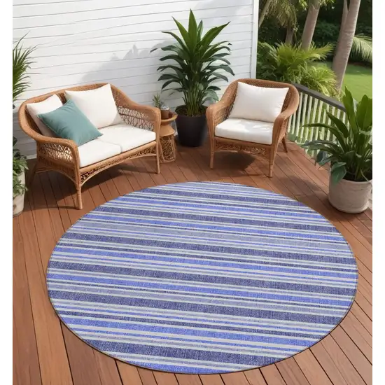 Blue Round Striped Washable Non Skid Indoor Outdoor Area Rug Photo 1