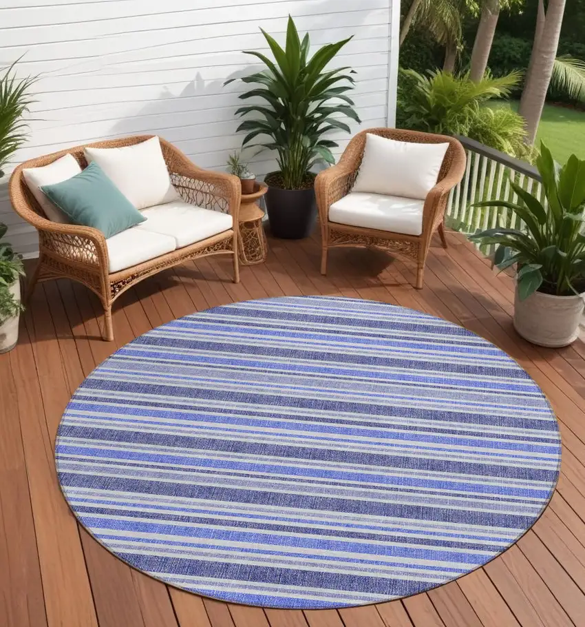 Blue Round Striped Washable Non Skid Indoor Outdoor Area Rug Photo 1