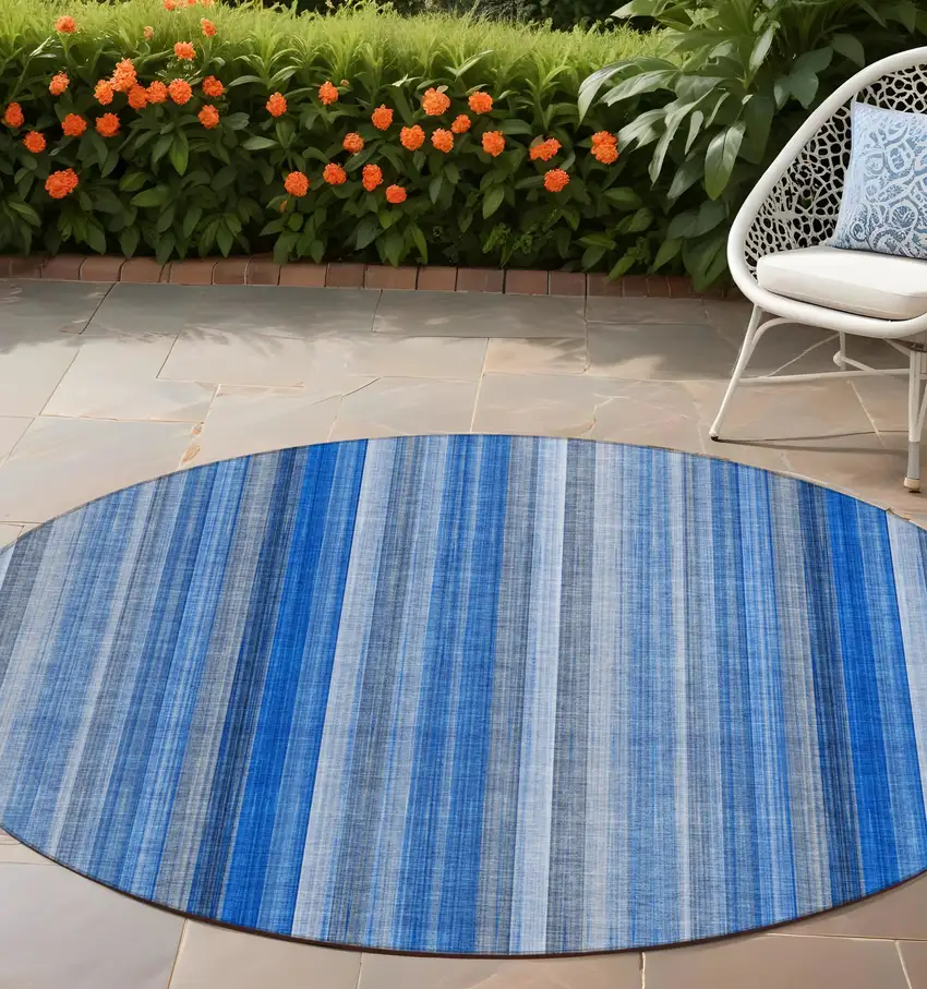 Blue Round Striped Washable Non Skid Indoor Outdoor Area Rug Photo 1