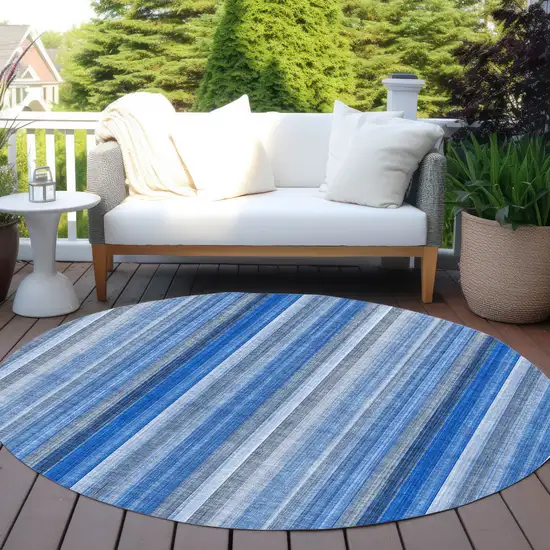 Blue Round Striped Washable Non Skid Indoor Outdoor Area Rug Photo 8