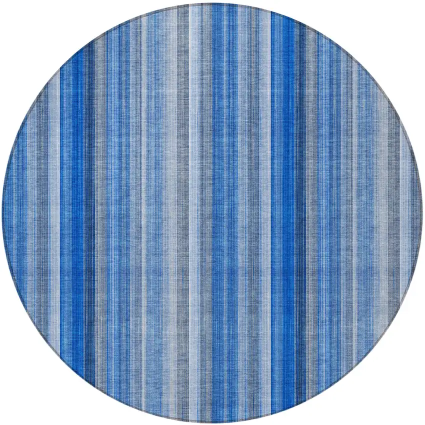 Blue Round Striped Washable Non Skid Indoor Outdoor Area Rug Photo 4