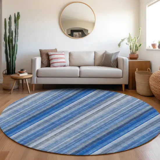 Blue Round Striped Washable Non Skid Indoor Outdoor Area Rug Photo 9