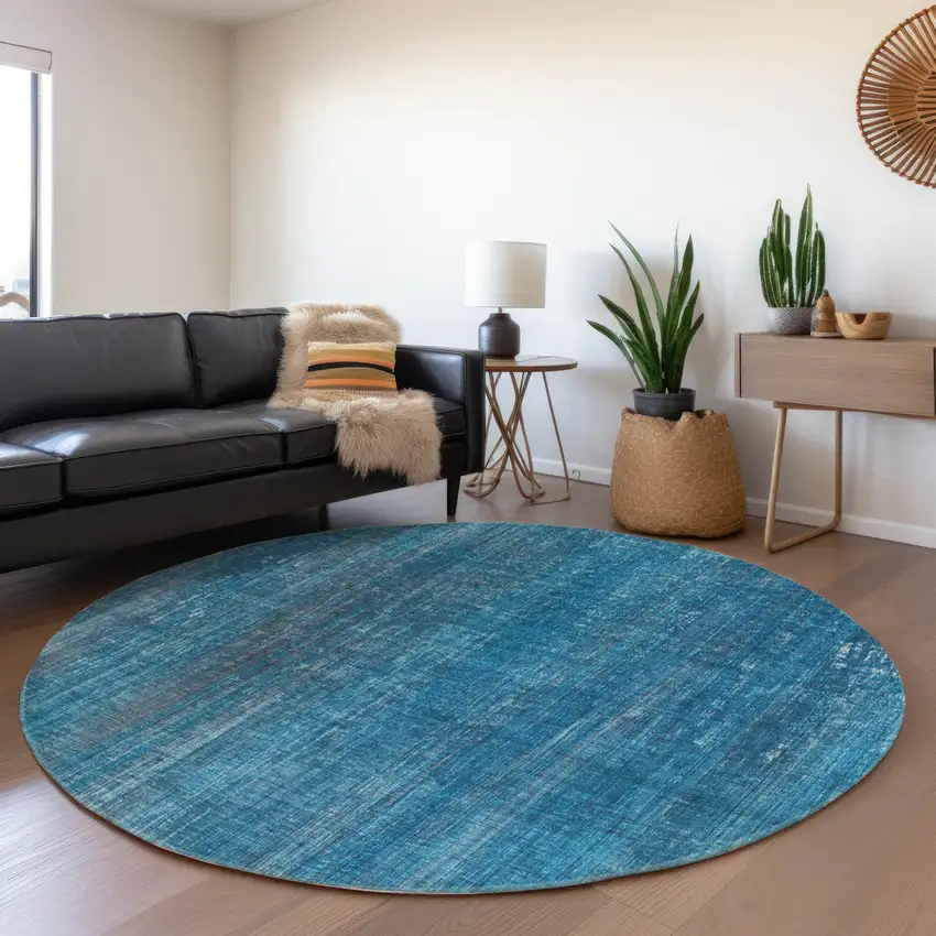 Blue Round Striped Washable Non Skid Indoor Outdoor Area Rug Photo 9