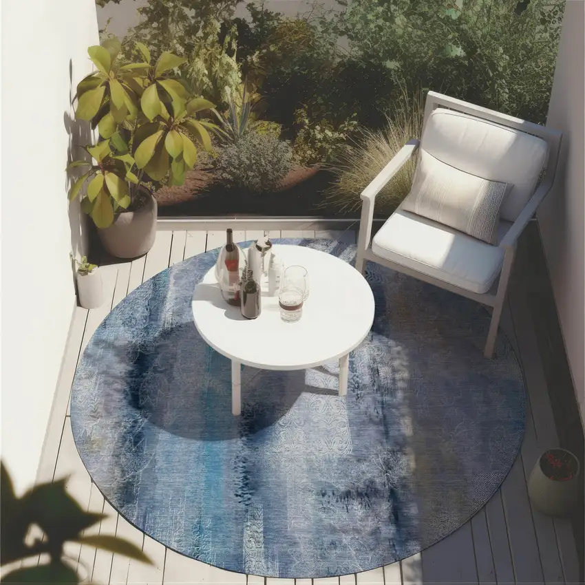Blue Round Washable Non Skid Indoor Outdoor Area Rug Photo 7
