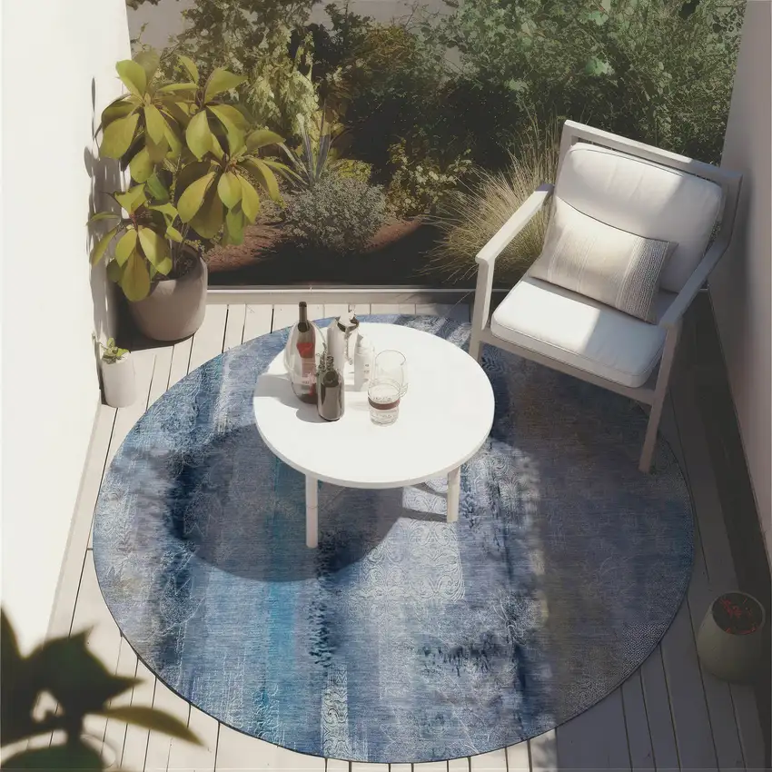 Blue Round Washable Non Skid Indoor Outdoor Area Rug Photo 7