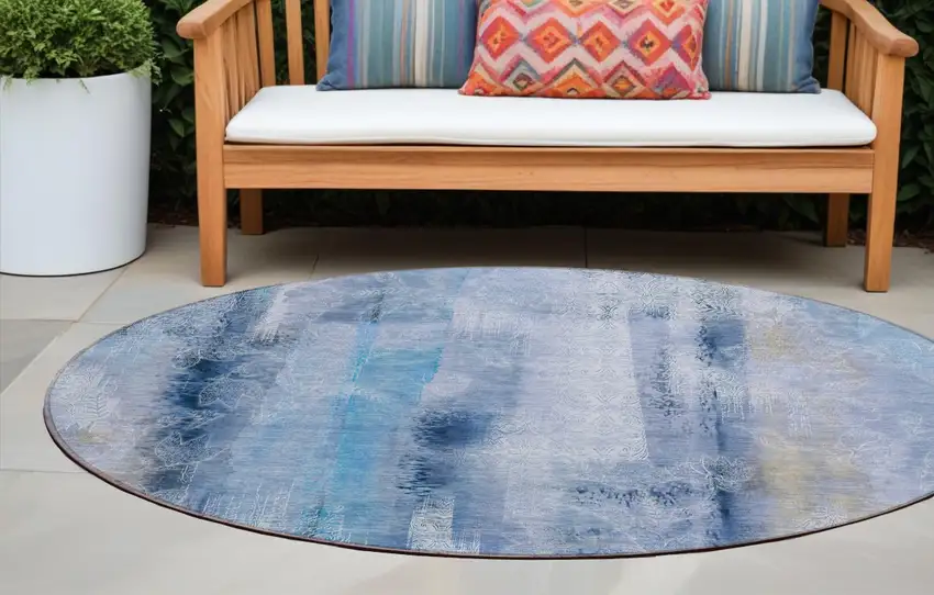 Blue Round Washable Non Skid Indoor Outdoor Area Rug Photo 1