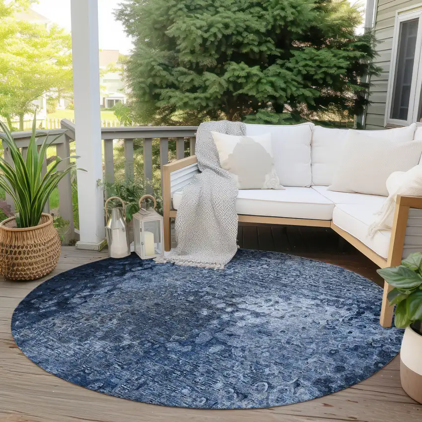 8' Round Blue Round Washable Non Skid Indoor Outdoor Area Rug Photo 8