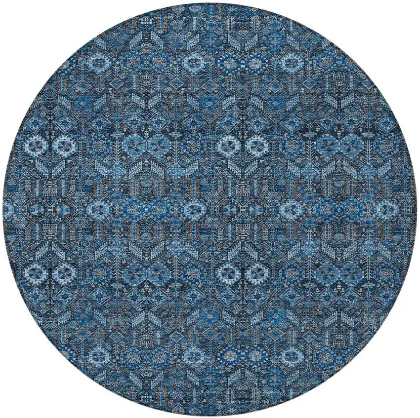 Blue and Black Round Floral Washable Non Skid Indoor Outdoor Area Rug Photo 5