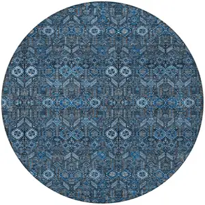 Photo of 8' Round Blue and Black Round Floral Washable Non Skid Indoor Outdoor Area Rug