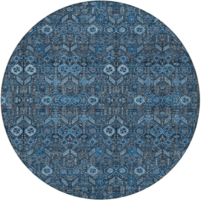 8' Round Blue and Black Round Floral Washable Non Skid Indoor Outdoor Area Rug Photo 4