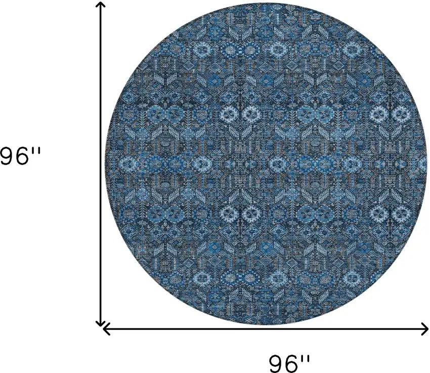 Blue and Black Round Floral Washable Non Skid Indoor Outdoor Area Rug Photo 3
