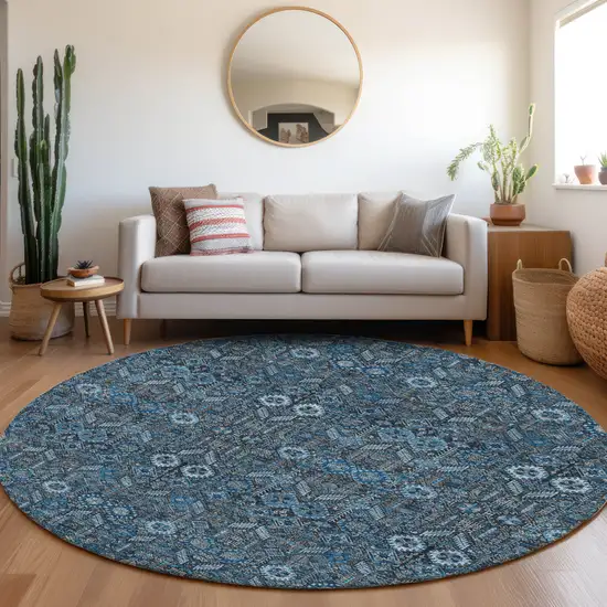 Blue and Black Round Floral Washable Non Skid Indoor Outdoor Area Rug Photo 9