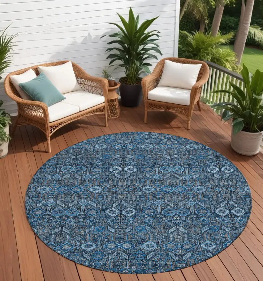 Blue and Black Round Floral Washable Non Skid Indoor Outdoor Area Rug Photo 1