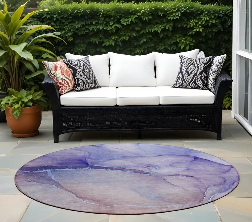Blue and Brown Round Abstract Washable Non Skid Indoor Outdoor Area Rug Photo 1