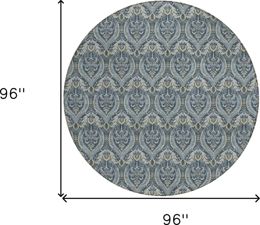 Blue and Cream Round Damask Washable Non Skid Indoor Outdoor Area Rug Photo 3