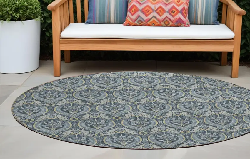 Blue and Cream Round Damask Washable Non Skid Indoor Outdoor Area Rug Photo 1