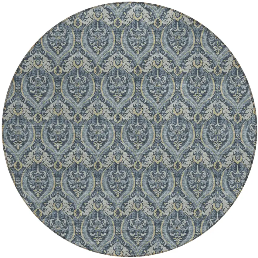 Blue and Cream Round Damask Washable Non Skid Indoor Outdoor Area Rug Photo 2