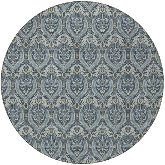 8' Round Blue and Cream Round Damask Washable Non Skid Indoor Outdoor Area Rug Photo 5