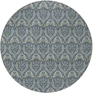 Photo of 8' Round Blue and Cream Round Damask Washable Non Skid Indoor Outdoor Area Rug