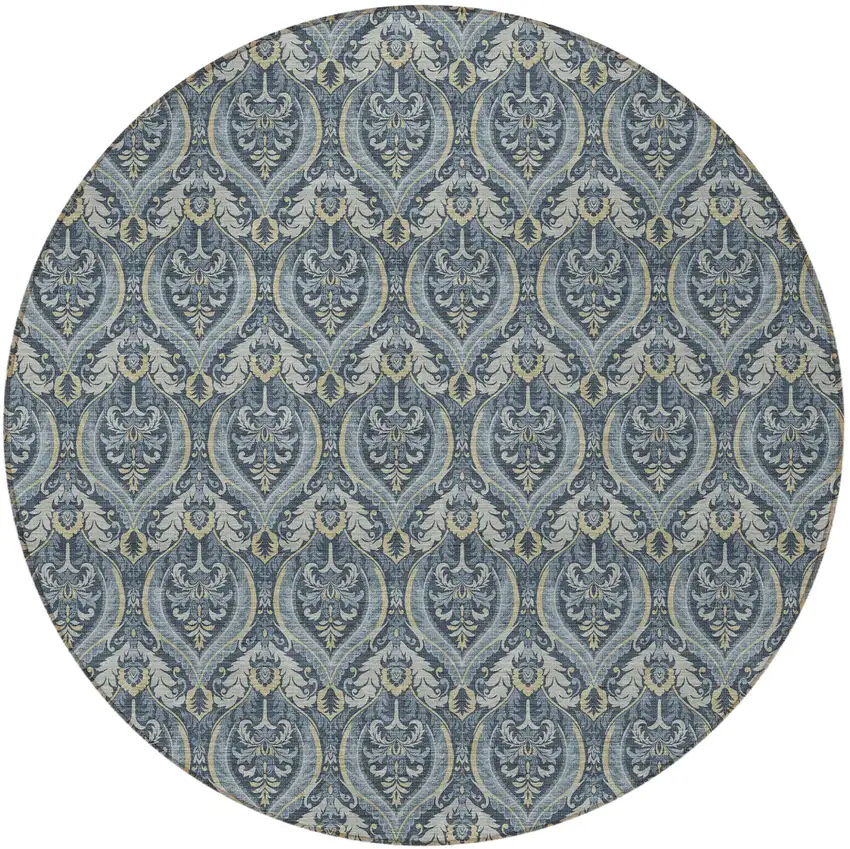8' Round Blue and Cream Round Damask Washable Non Skid Indoor Outdoor Area Rug Photo 4