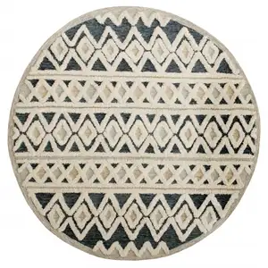 Photo of 4' Round Blue and Cream Stripe Diamond Area Rug