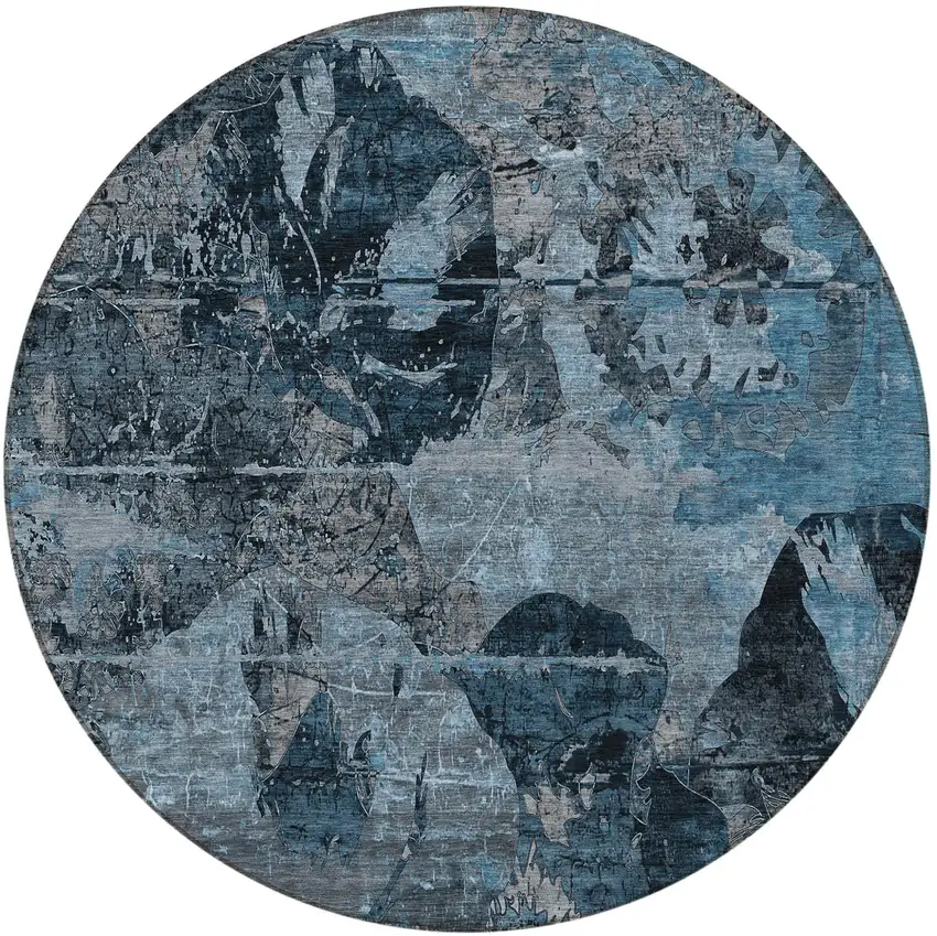 Blue and Dark Blue Round Floral Washable Non Skid Indoor Outdoor Area Rug Photo 5