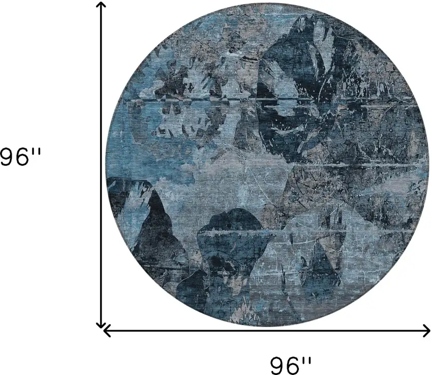 8' Round Blue and Dark Blue Round Floral Washable Non Skid Indoor Outdoor Area Rug Photo 3