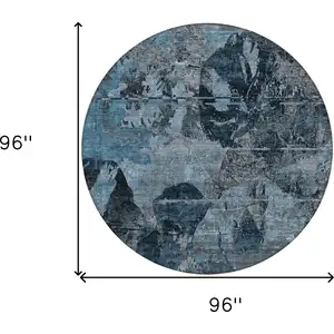 Photo of 8' Round Blue and Dark Blue Round Floral Washable Non Skid Indoor Outdoor Area Rug