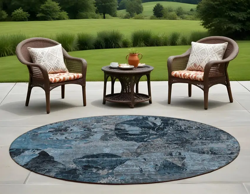 Blue and Dark Blue Round Floral Washable Non Skid Indoor Outdoor Area Rug Photo 1