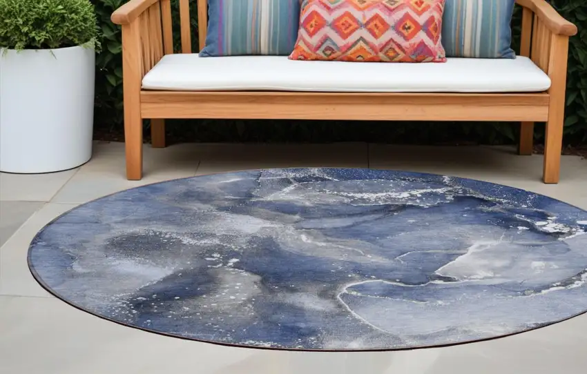 8' Round Blue and Gray Round Abstract Washable Non Skid Indoor Outdoor Area Rug Photo 1